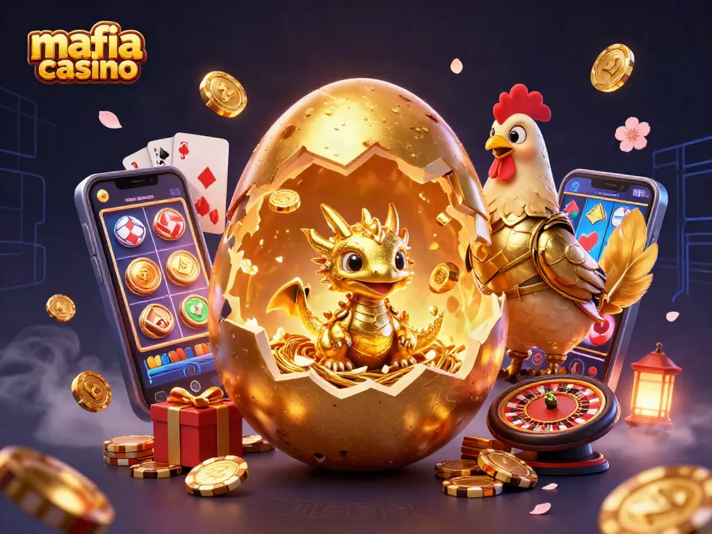 Mafia casino experience comes alive with golden dragon, poker chips, and slot games in vibrant illustration.