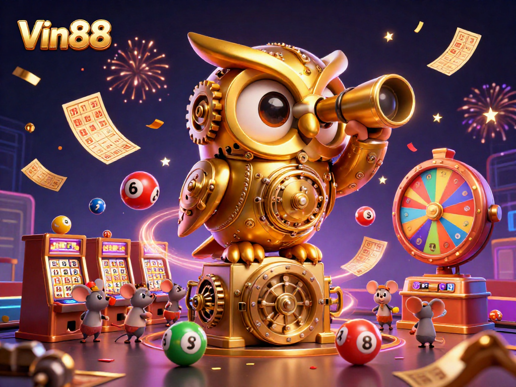 Experience thrilling games at Vin88 with golden owl overseeing vibrant casino action.