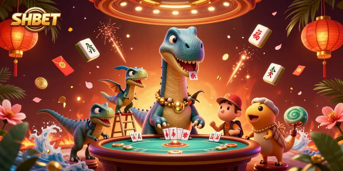 Win at SHBET with this colorful casino scene featuring a giant brontosaurus and card-dealing raptor.