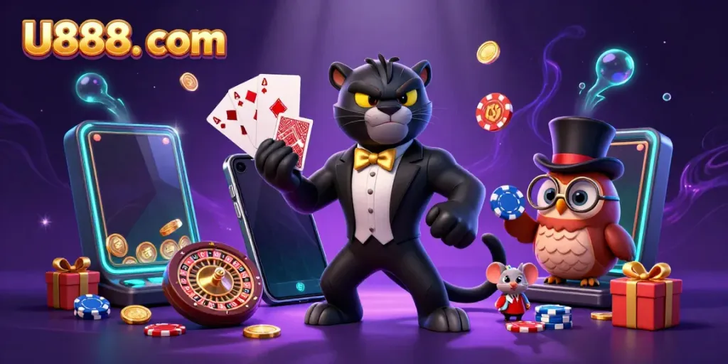 Play thrilling casino games with U888. com featuring 3D cartoon characters engaging in fun and strategy.
