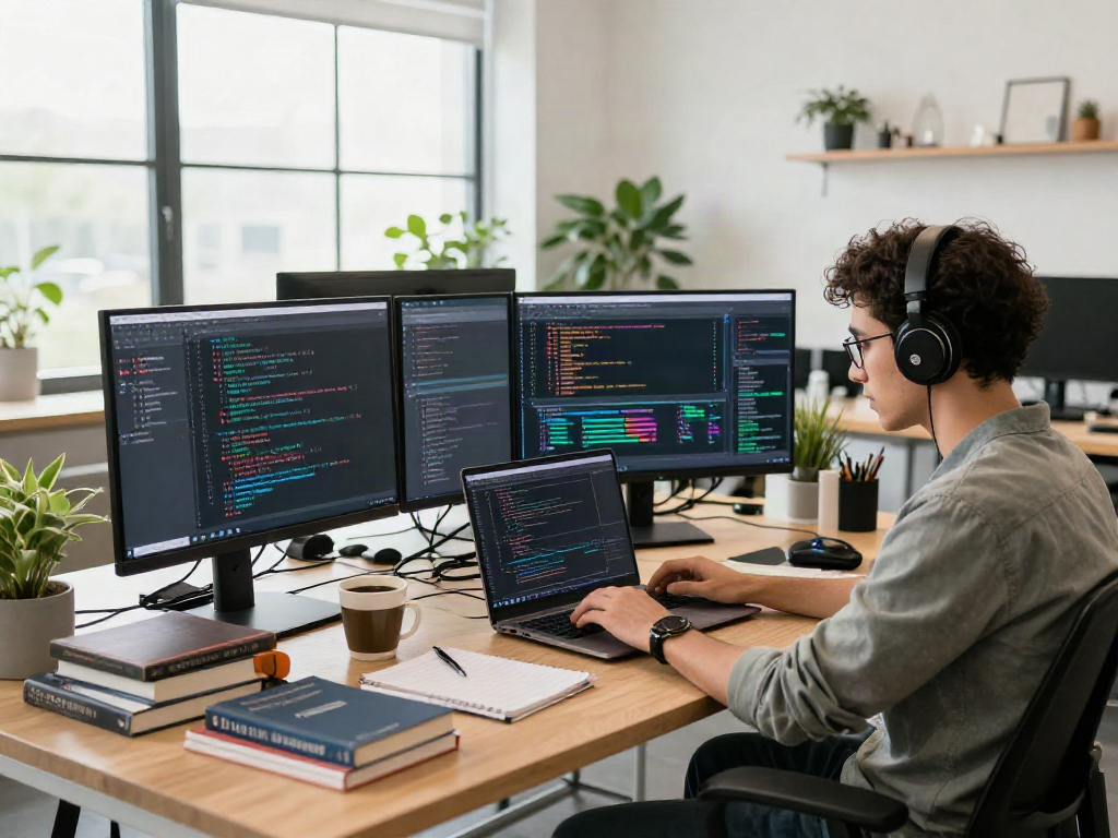 AI gf concept illustrated in a modern tech workspace with a developer coding.