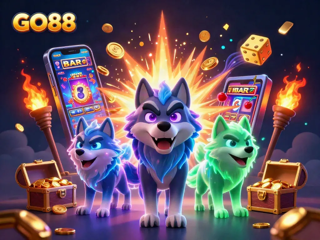 Experience the excitement of GO88 with a thrilling scene of a ghostly wolf pack in a vibrant casino.