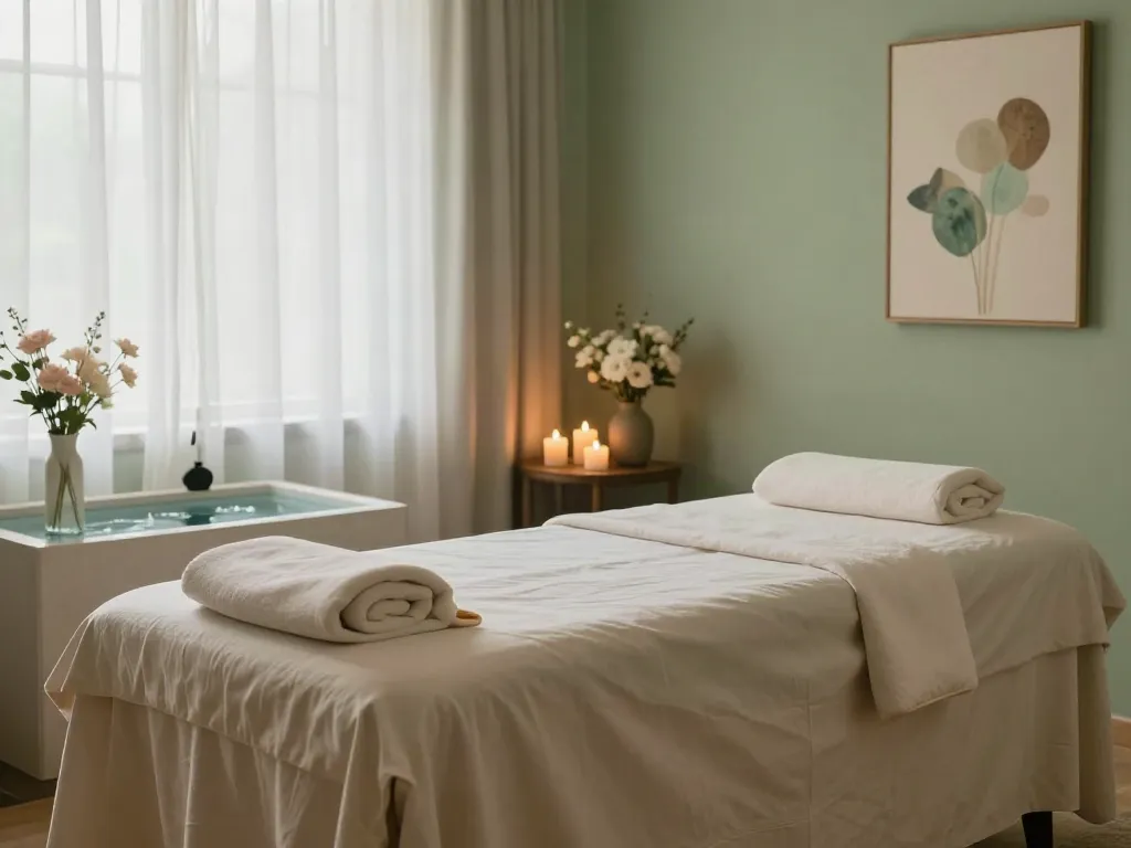 עיסוי אירוטי בשרון in a tranquil wellness space with soft linens and calming lights.