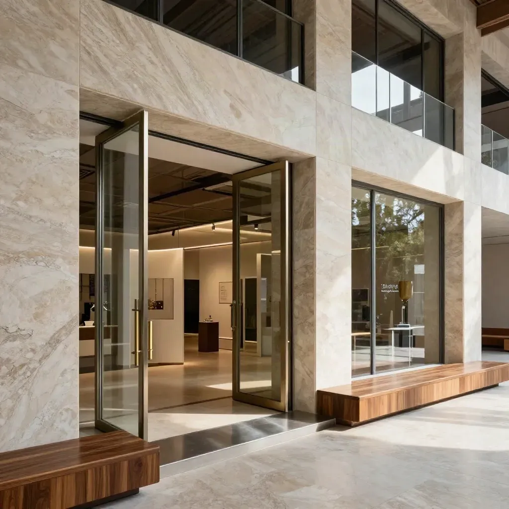 Foyer romano in marmo e vetro con partizioni modulari aperte verso il padiglione expo.