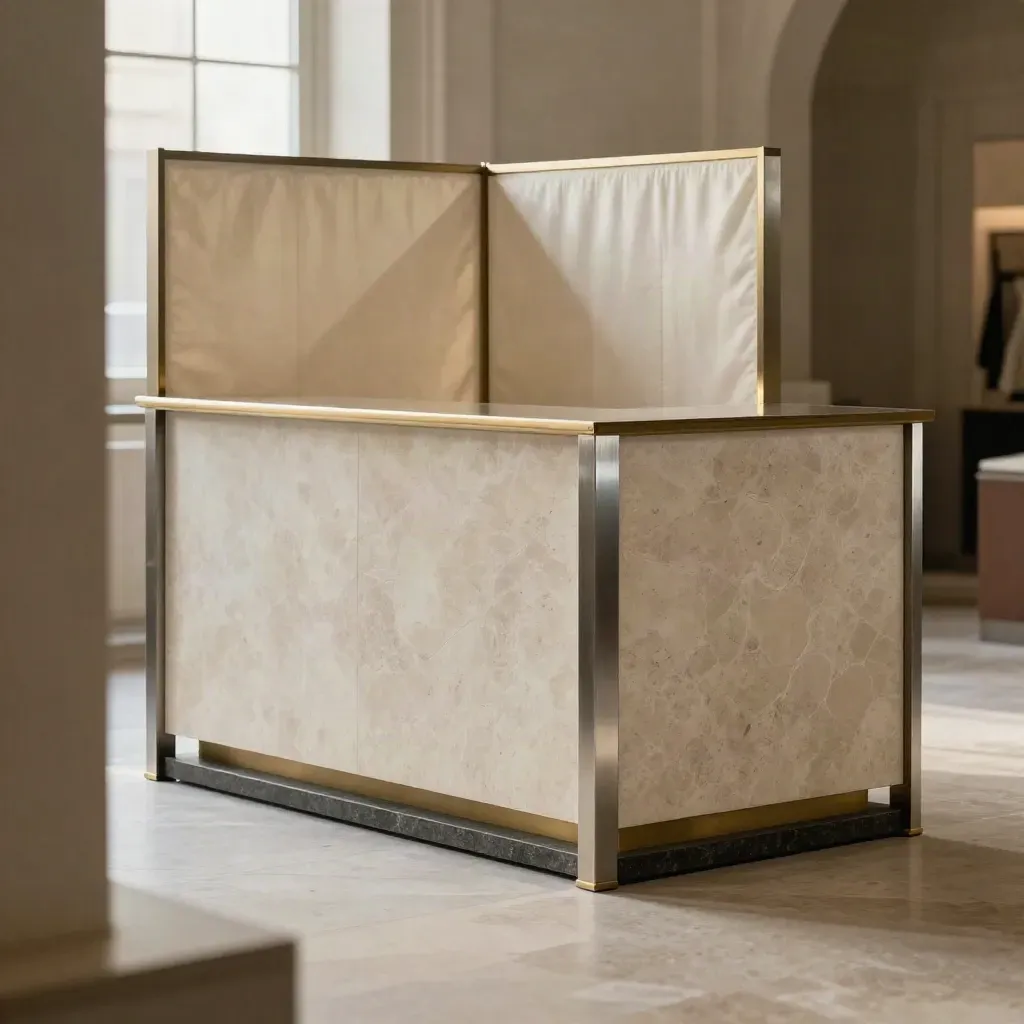 Stand su misura con counter in pietra e pannelli tessili tesi in un padiglione fieristico.