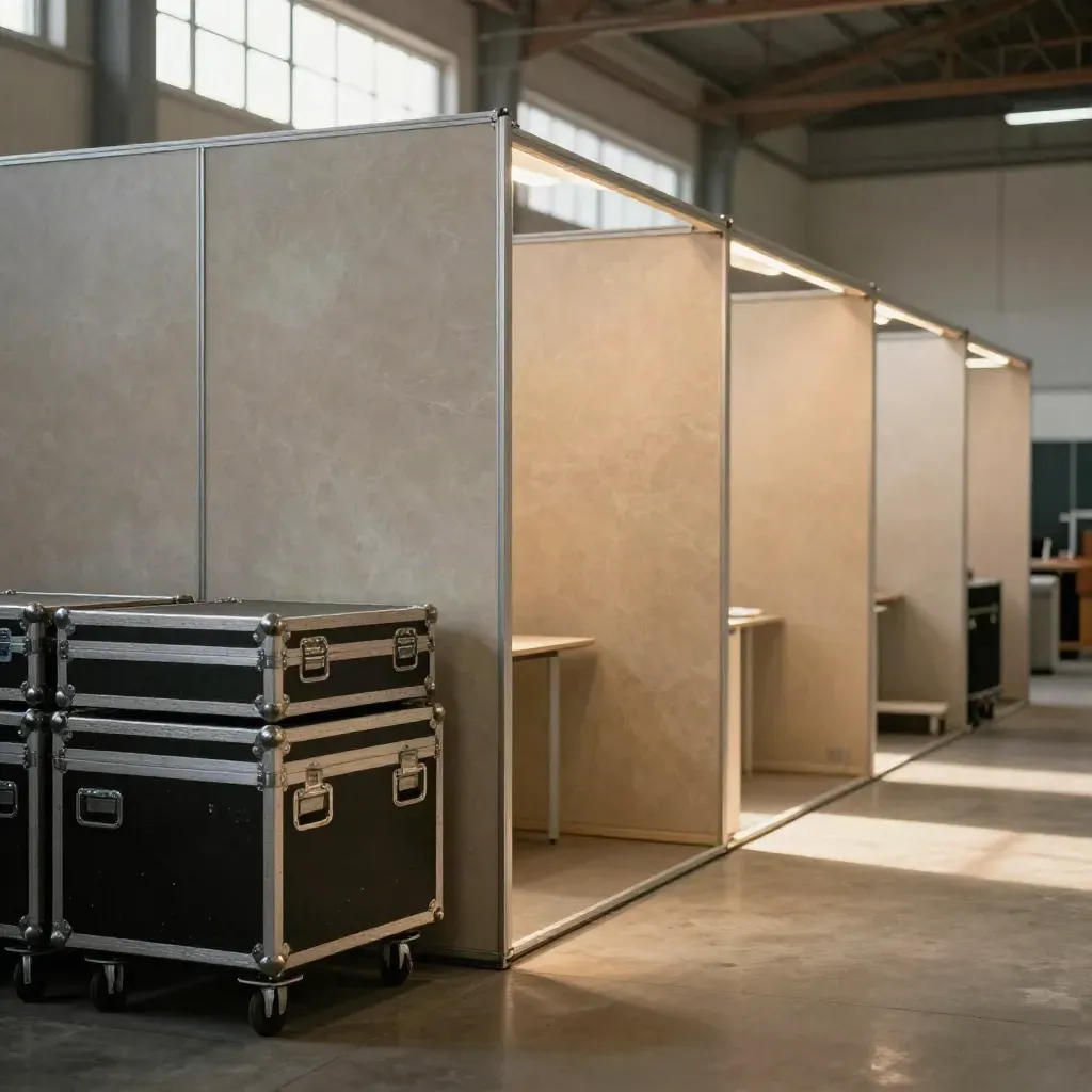 Moduli stand noleggio, casse con ruote e pannelli in un magazzino fieristico luminoso.
