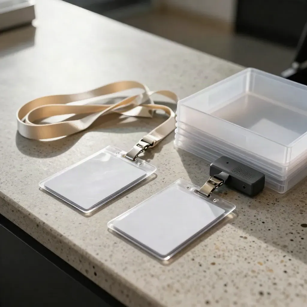 Badge visitatori, lanyard e varchi di accesso pronti per il check-in in fiera.