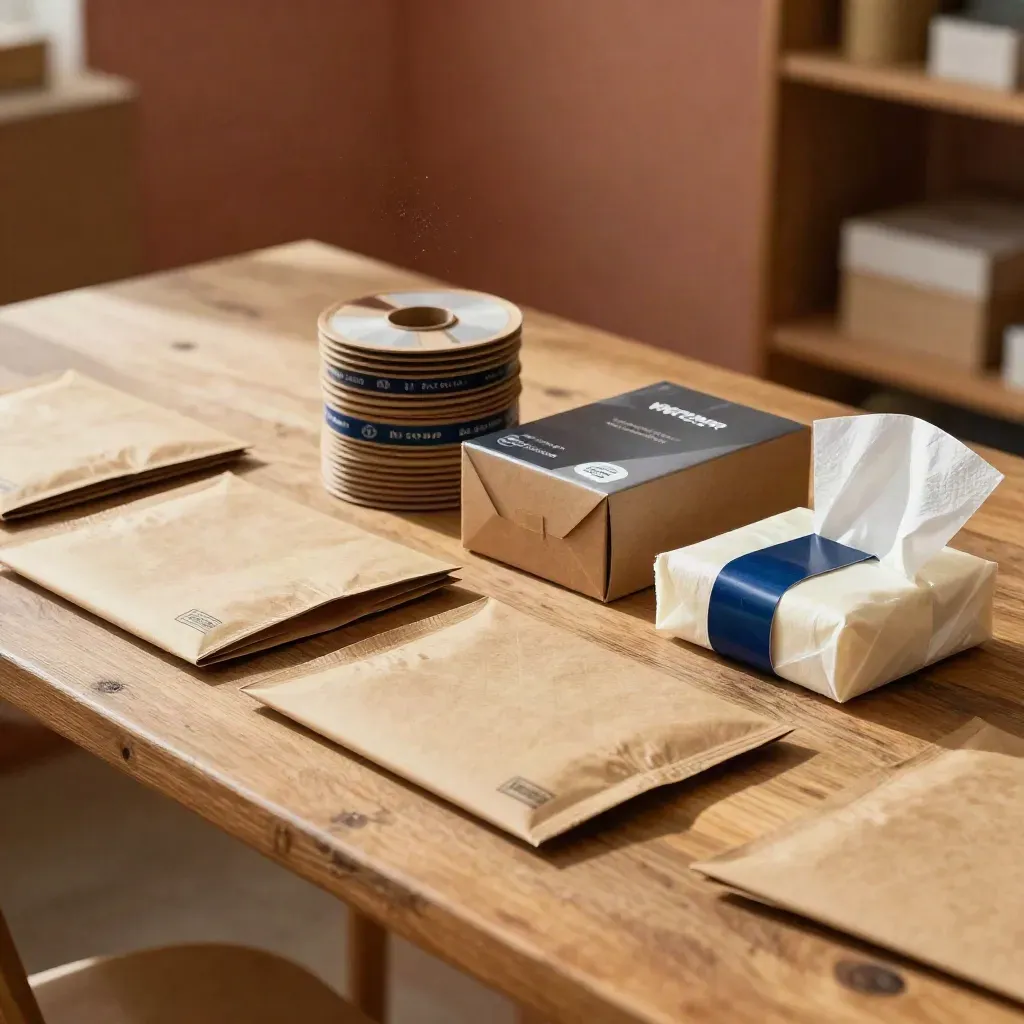 Kit di invio per promozione visitatori B2B con buste kraft, badge e box partner su tavolo caldo.