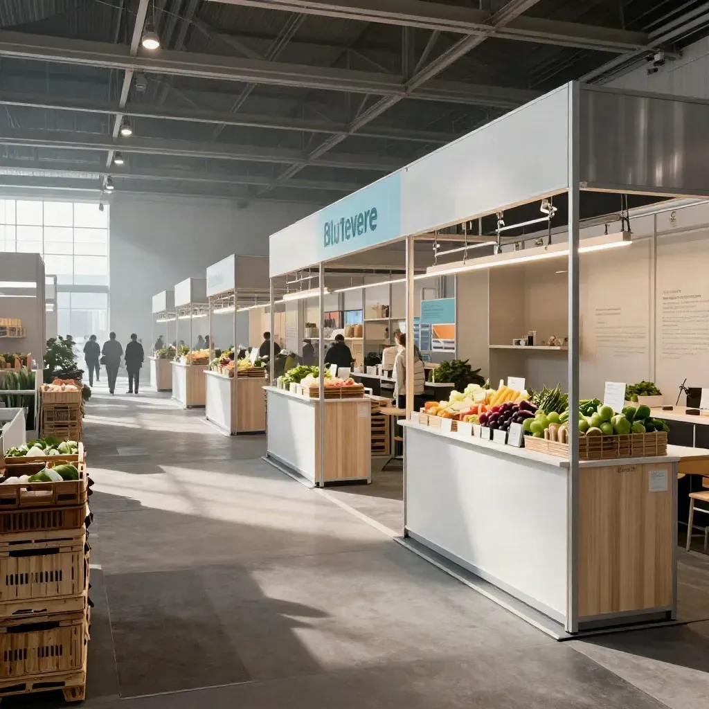 Padiglione agrofood a Roma Nord con corridoio centrale e stand ordinati, luce del mattino.