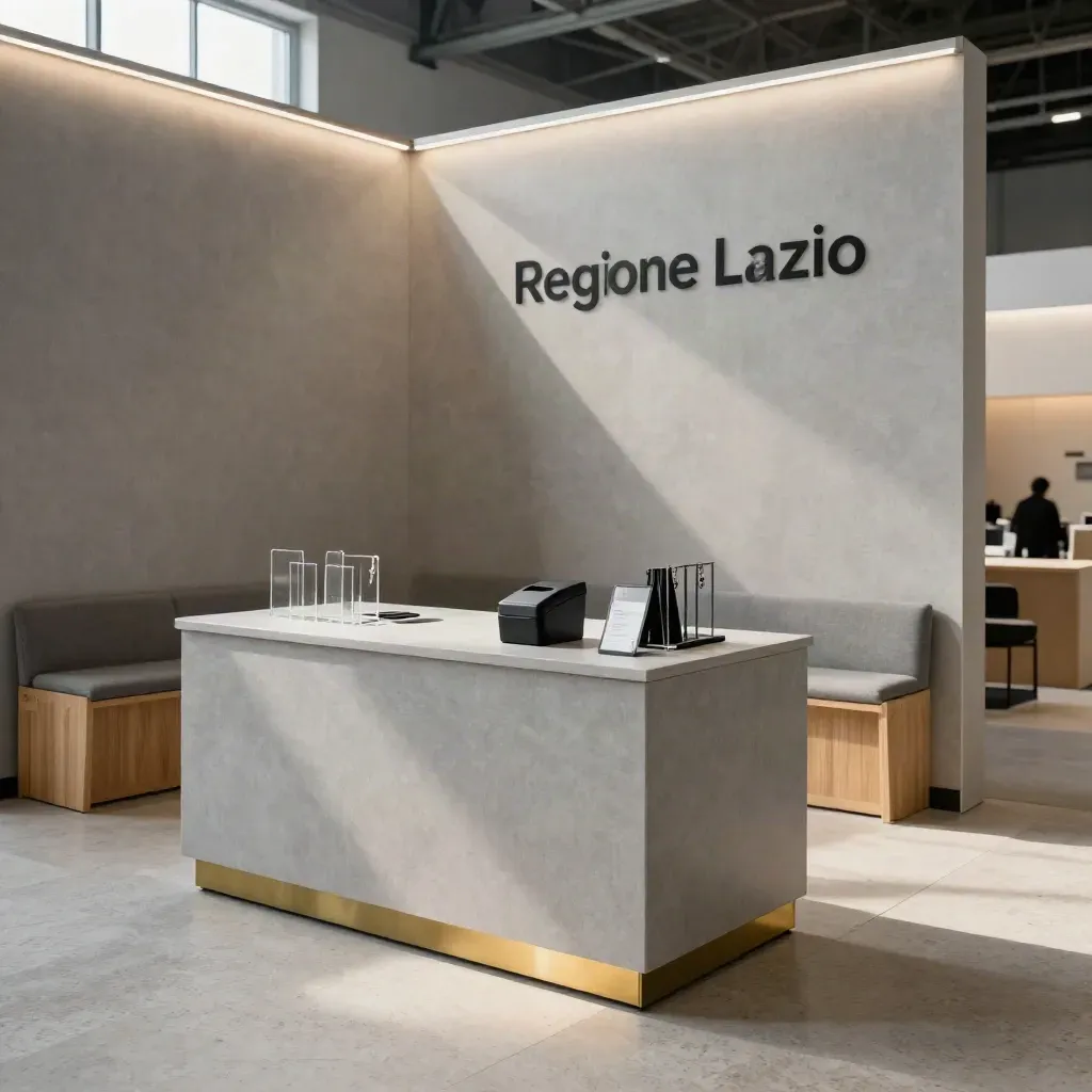 Padiglione istituzionale chiaro con desk accrediti e sedute ordinate, luce calda di fine pomeriggio