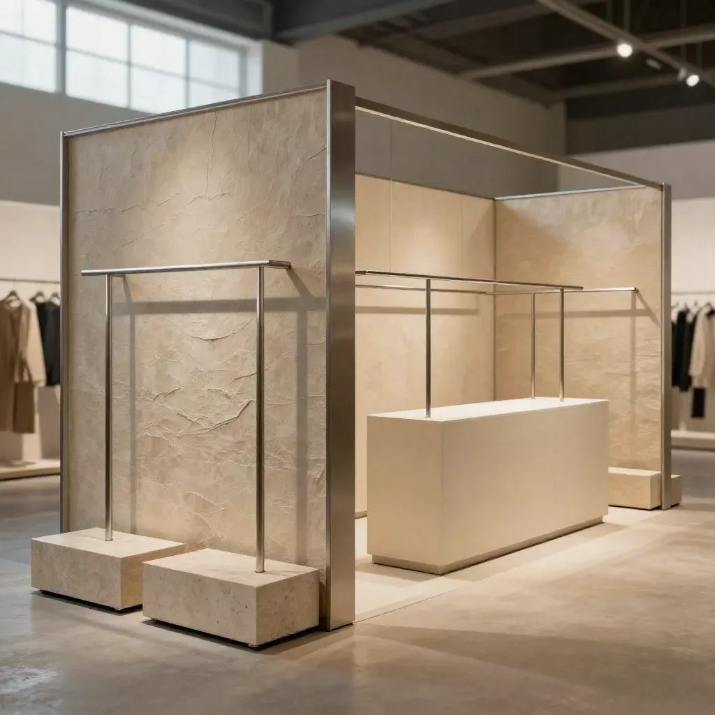 Stand moda per expo con pannelli in tessuto grigio, appenderie vuote e basamenti minimalisti.