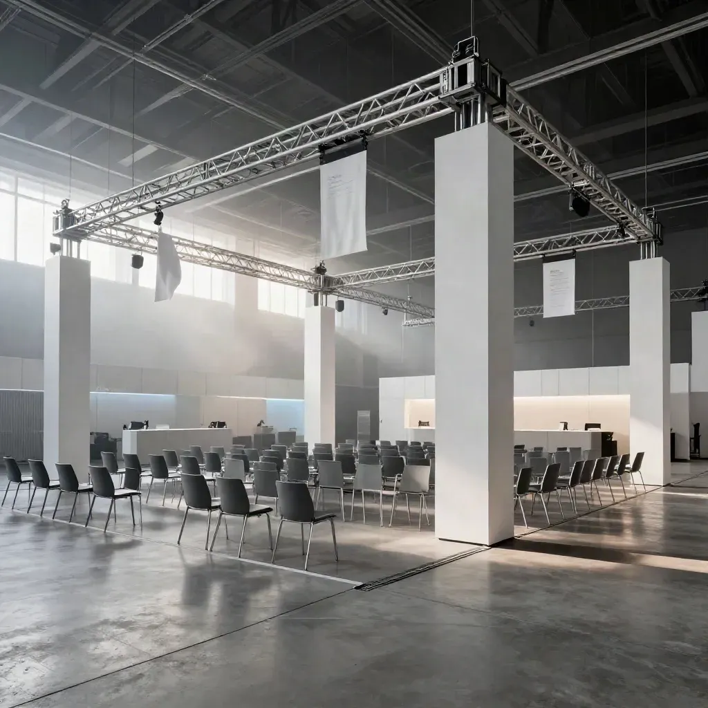 Padiglione forum tech con totem sponsor bianchi, palco e file di sedie ordinati