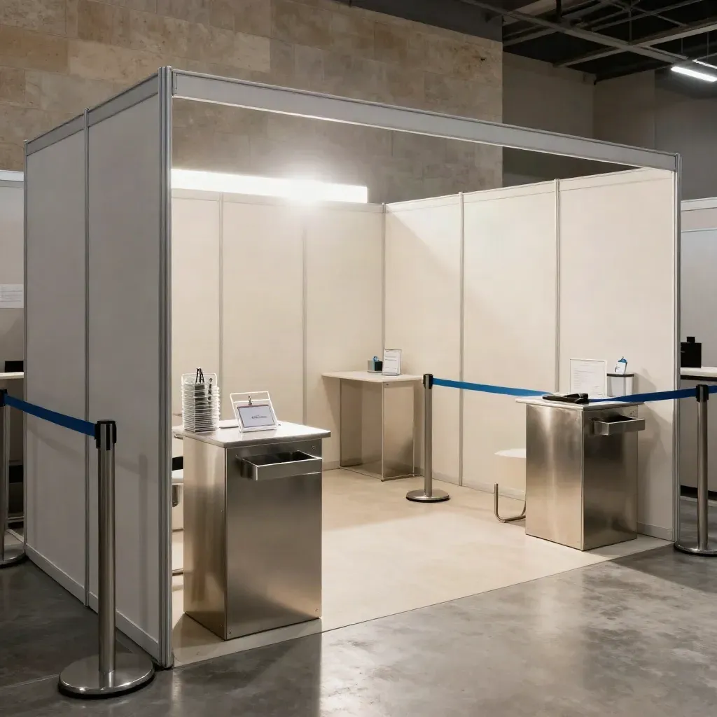 Zona accrediti per fiera salute a Roma con divisori bianchi, desk badge e gel igienizzante.
