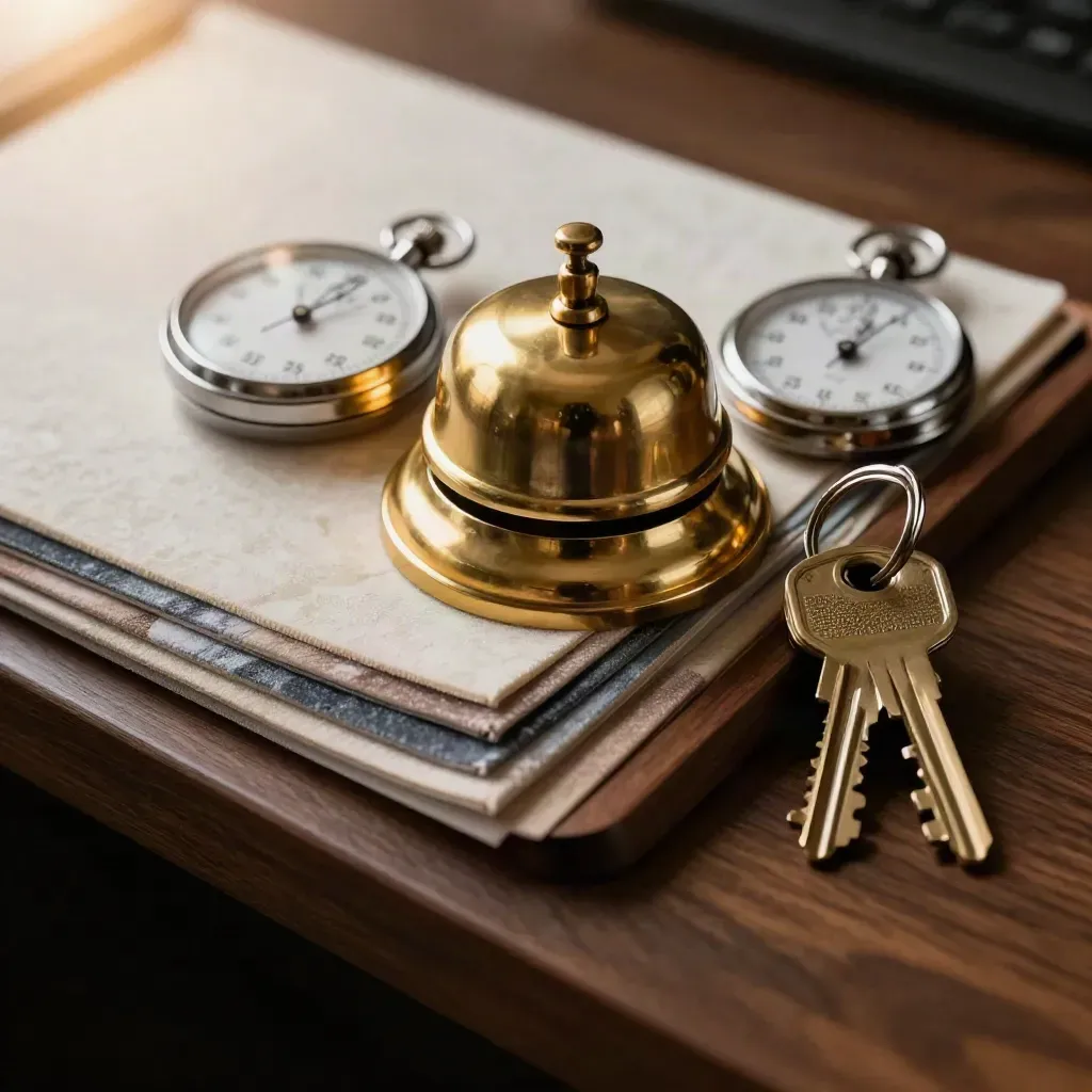 Campanello in ottone, stopwatch e chiavi su noce con campioni velluto.