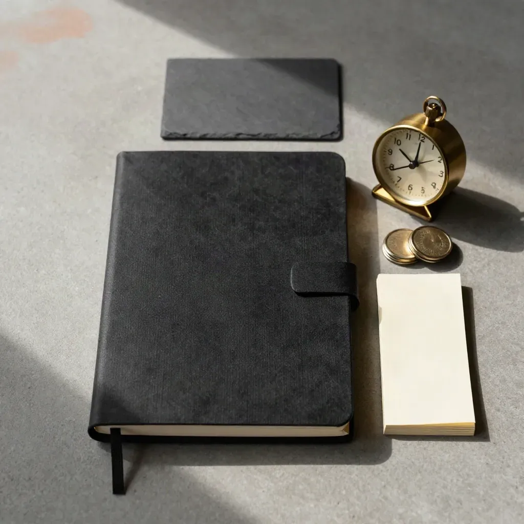 Flatlay di taccuino nero, timer in ottone, tab bianchi e monete su cemento.