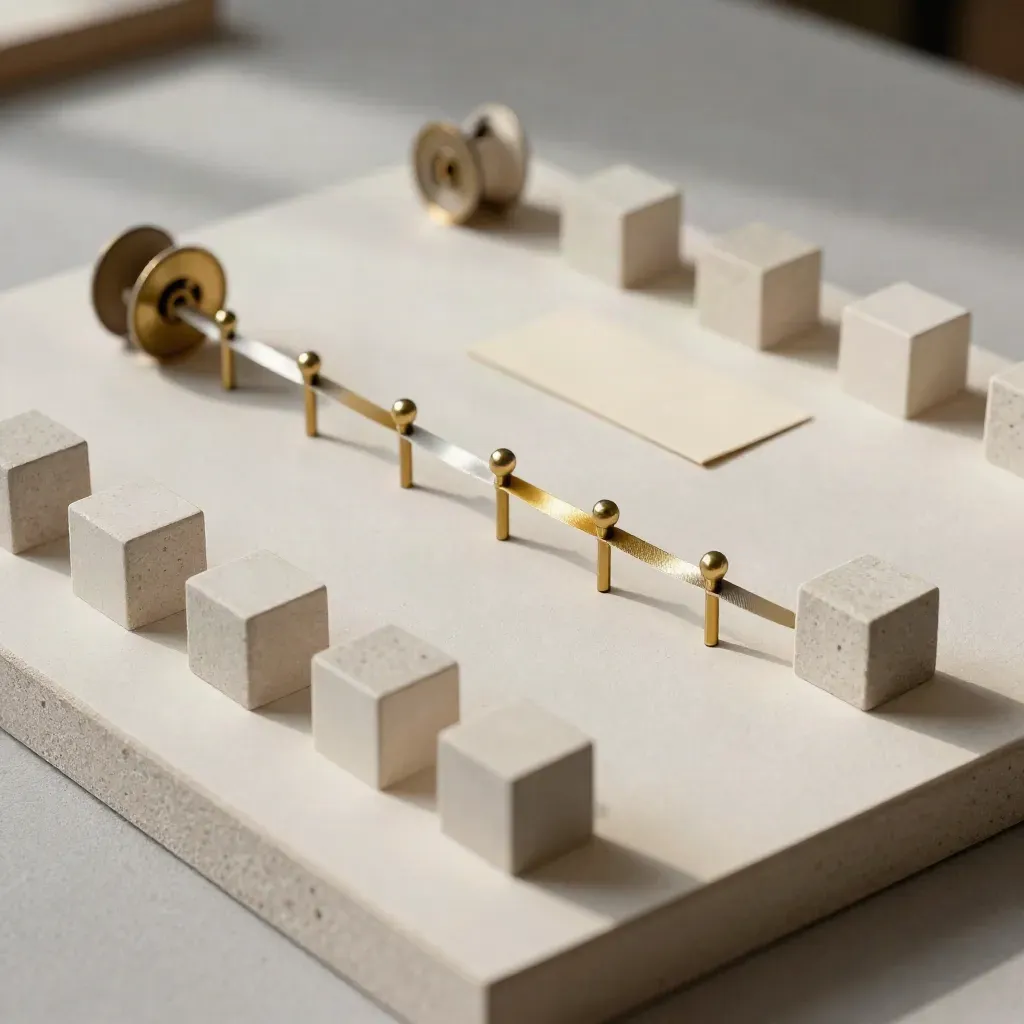 Modello di fiera in miniatura con cubi stand, nastri oro e segnaposti timeline su fondo chiaro