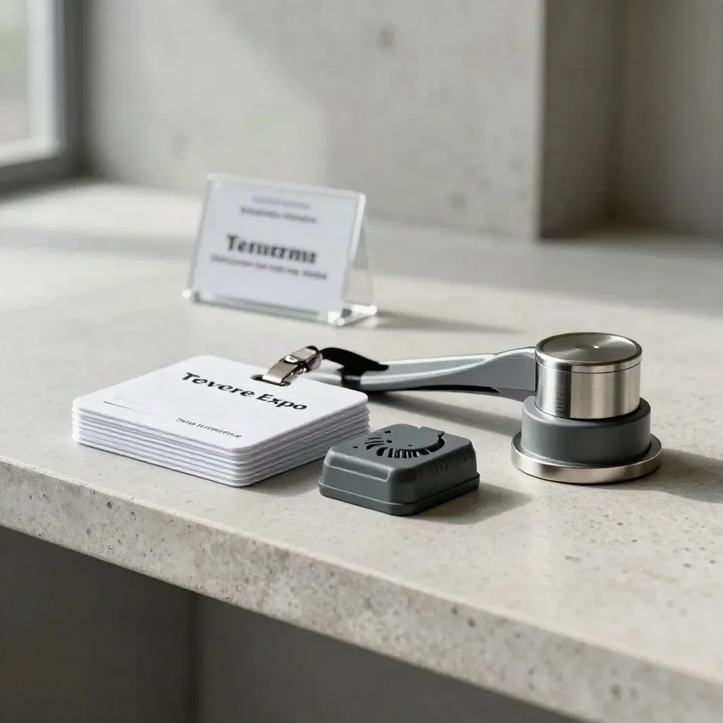 Badge, radio dock, tornello e base barriera su mensola in pietra, luce morbida.