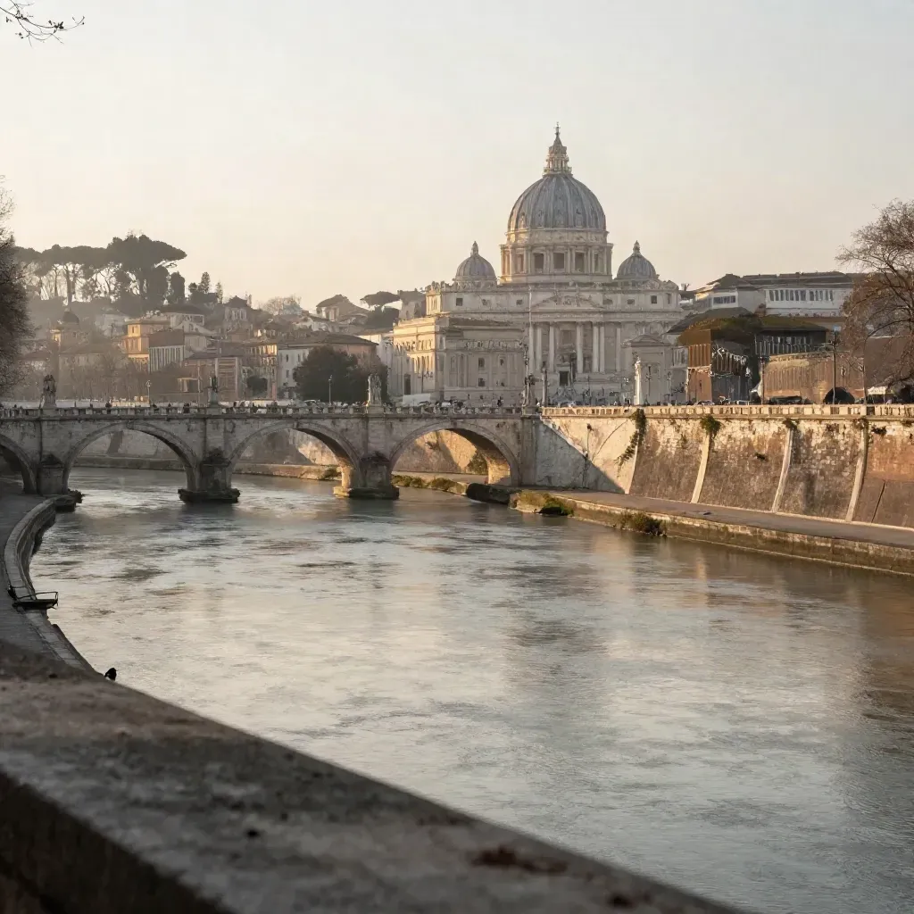 Roma sul Tevere all’alba, cupole e ponti alti nella foschia, acqua calma e riva travertino.