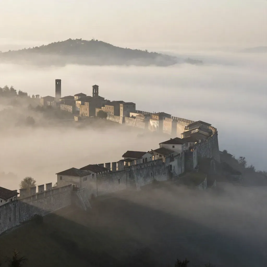 Bergamo Alta emerge dalla nebbia mattutina con mura in pietra e campanili sulla collina