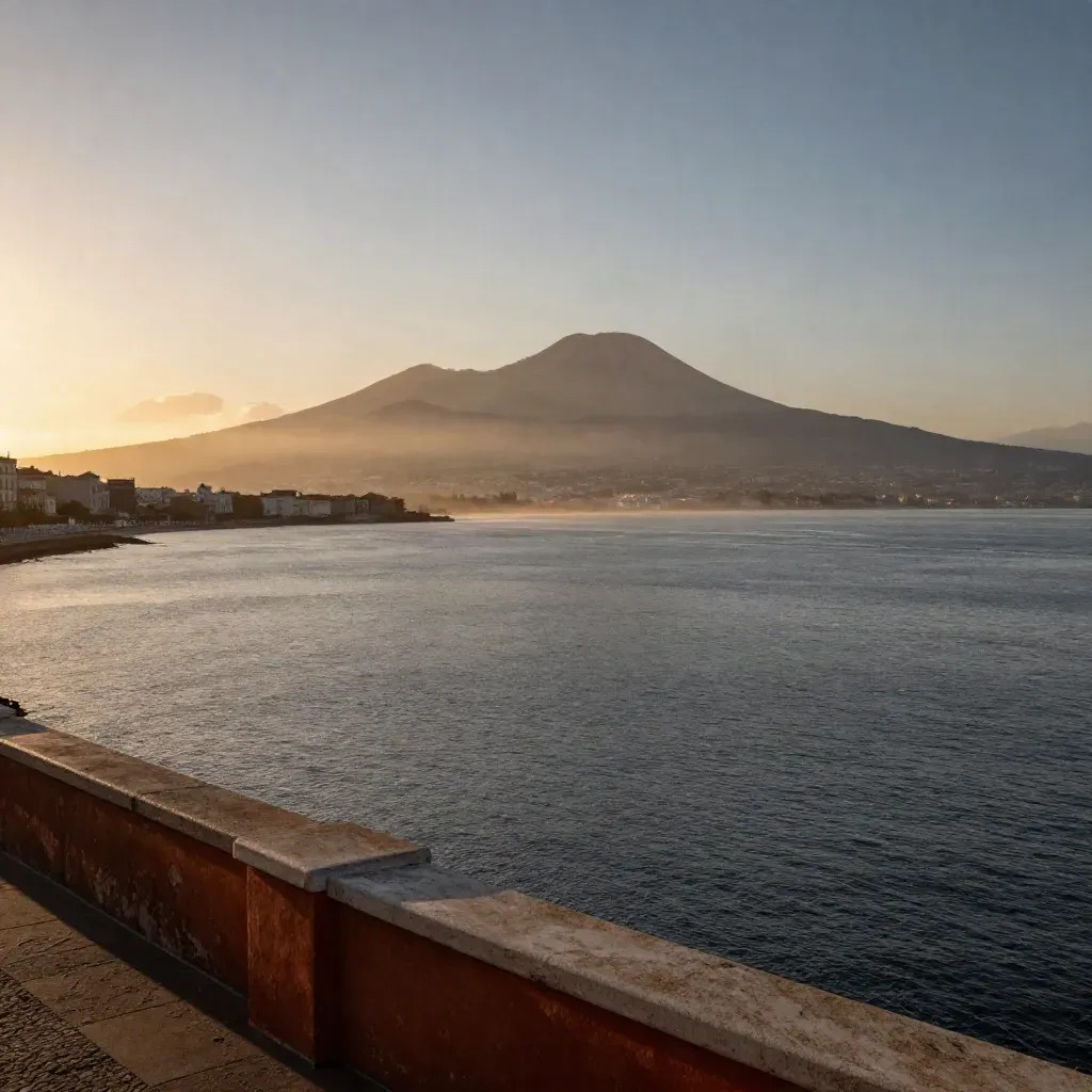 Baia di Napoli al tramonto con il Vesuvio e mare in foschia, ampio spazio calmo per il testo