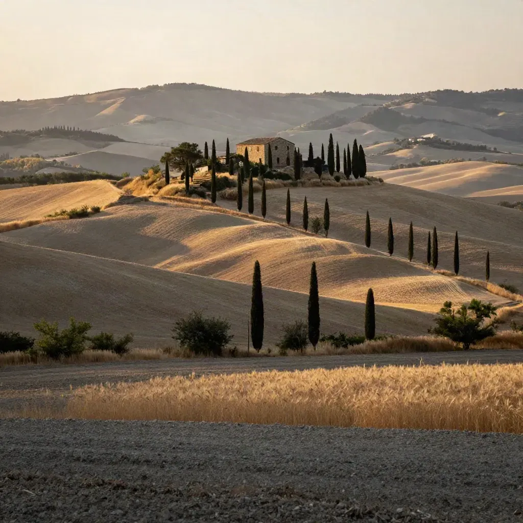 Val d’Orcia al tramonto con cipressi, casale in pietra e colline ondulate nella foschia dorata