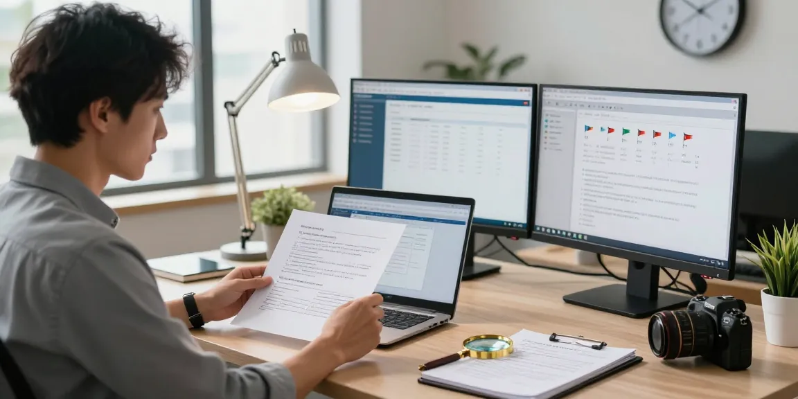 Expert examining documents in a fraud detection office scene focused on document fraud detection analytics.