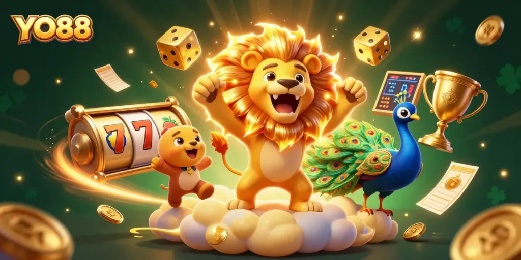 Spin to win with YO88 in a dynamic casino scene featuring exciting slot elements and golden coins.