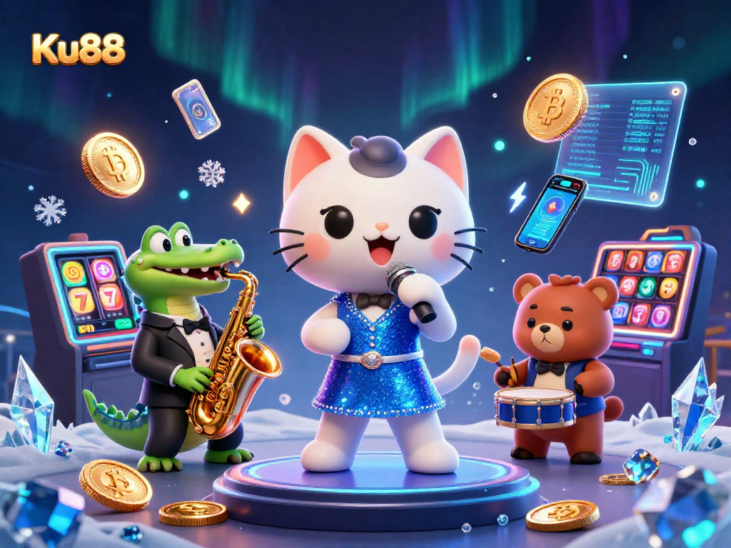 Join the excitement at Ku88 as characters celebrate the thrilling world of online casinos with rich elements.