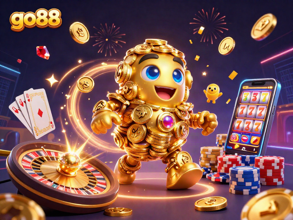 Experience go88’s dynamic gaming with a golden golem, cascading coins, and thrilling casino elements.