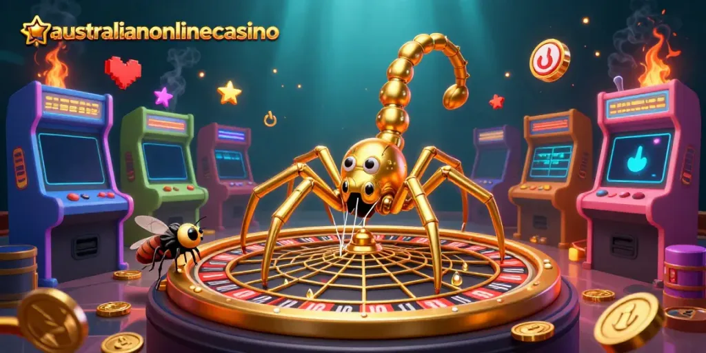 Engaging 3D scene of a golden spider and centipede croupier at australianonlinecasino, illustrating vibrant gambling elements.