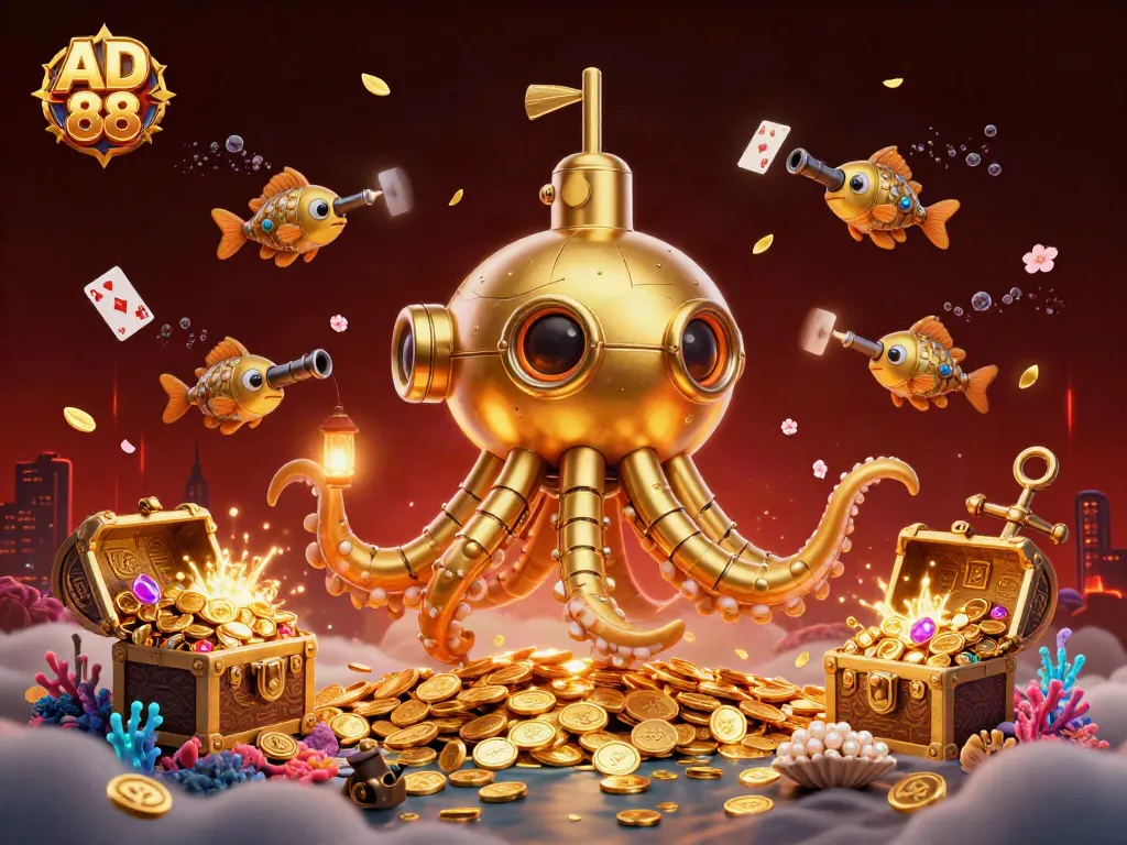 Win big with AD 88 in a vibrant underwater casino scene filled with treasures and gaming elements.