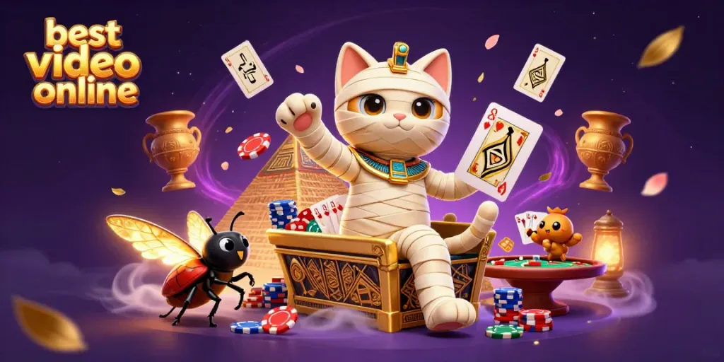 Engage with the best video poker online in a captivating scene featuring a mummy cat and casino elements.