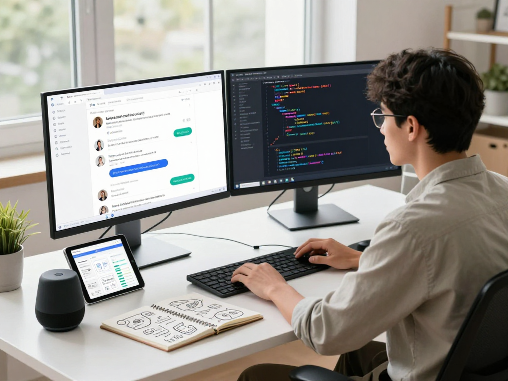 Engaging tech workspace featuring a developer utilizing hot chat AI in an innovative environment.